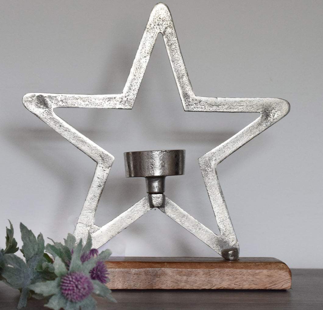 Star On Wood Base Tealight Holder